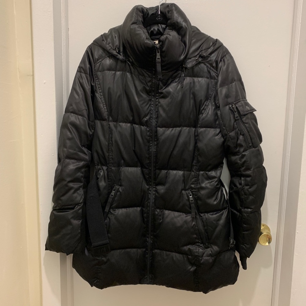 Belted Black Down Hooded Puffer